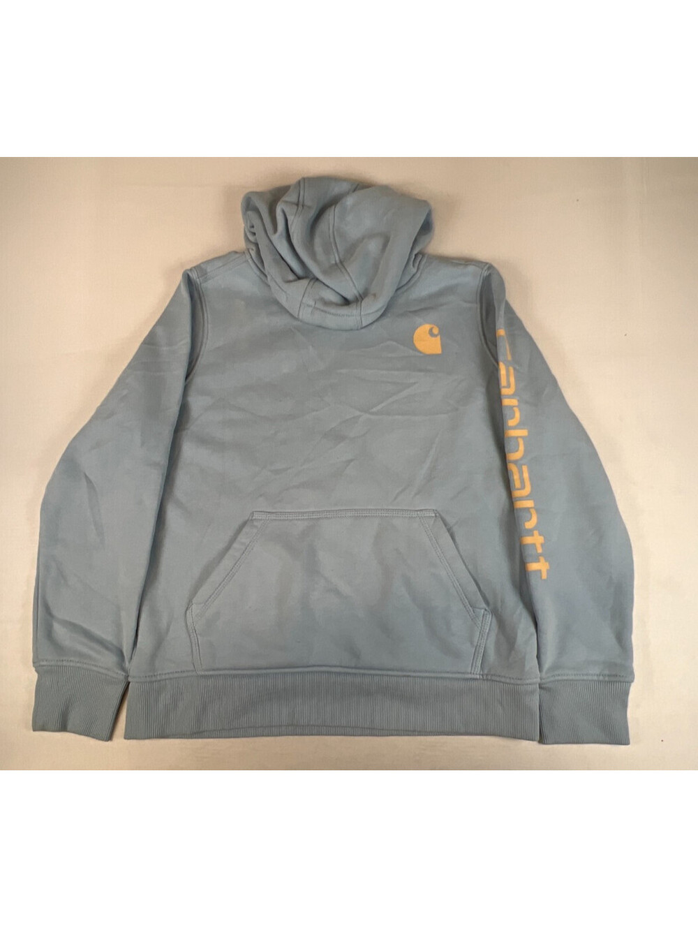 Carhartt Women M 8-10 Light Blue Pullover Hoodie Sweatshirt Logo